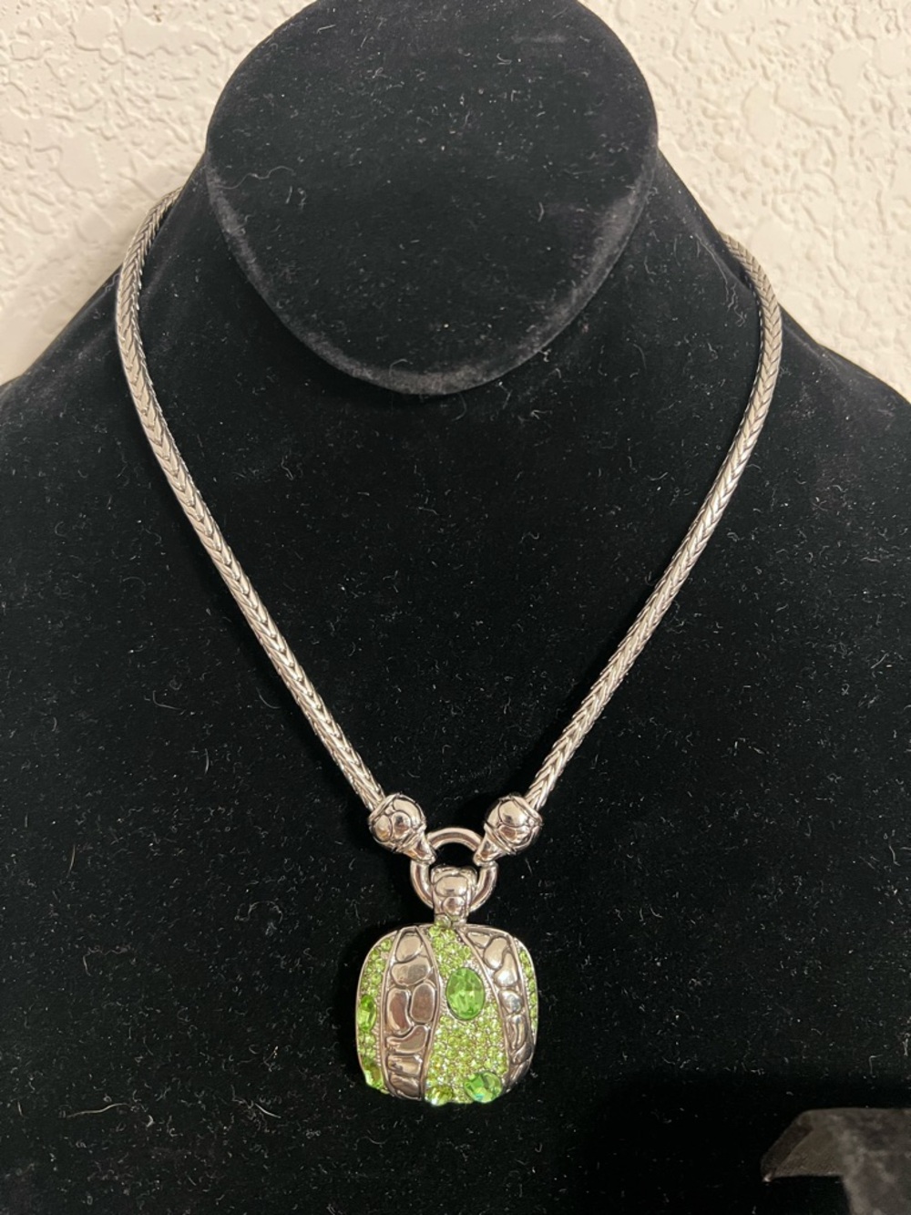 Silver-Tone Necklace with Green Pavé Pendant